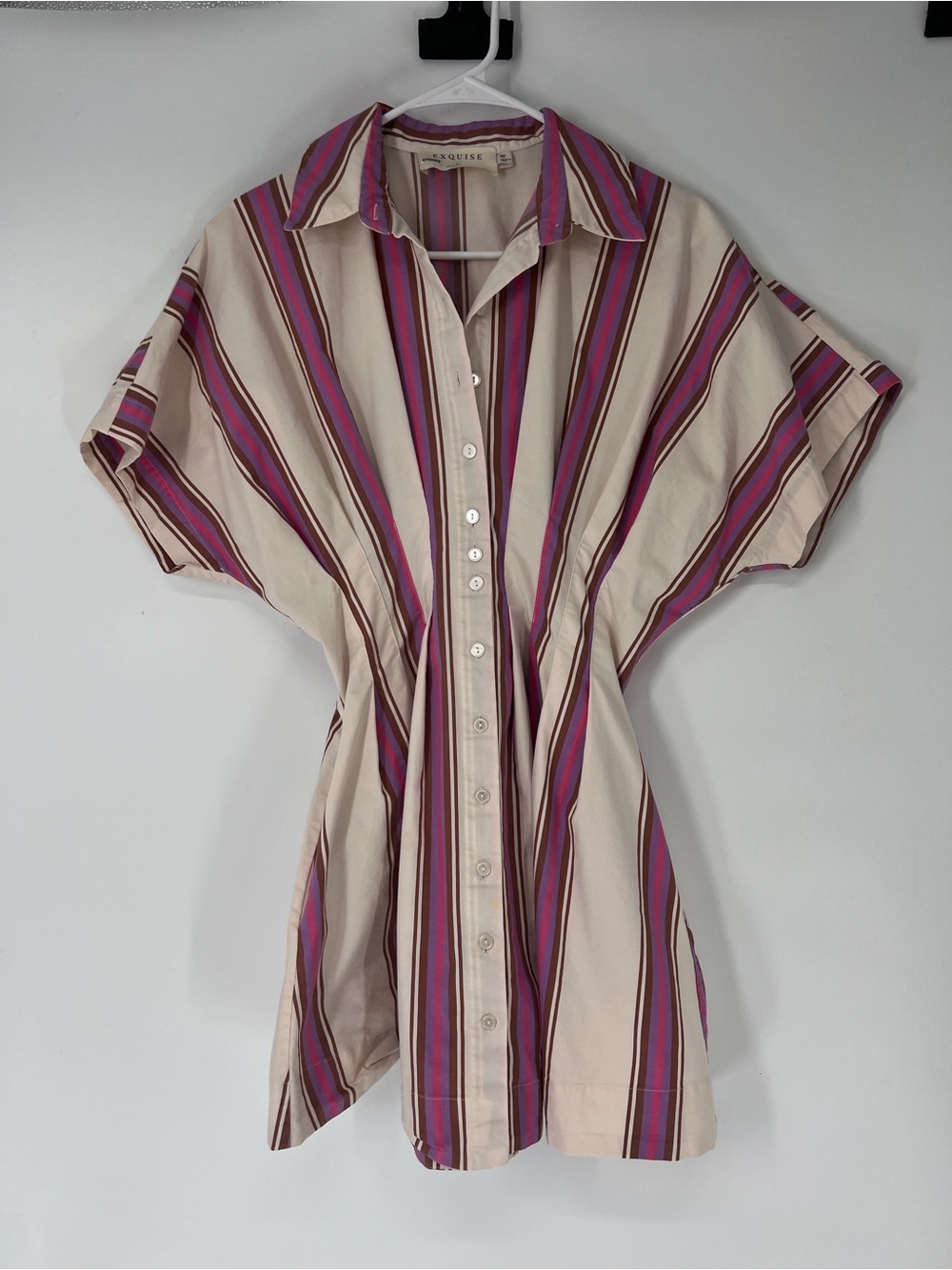 Exquise Tobie Pink Brown Striped Pleated Vintage Inspired Collared Mini Dress M